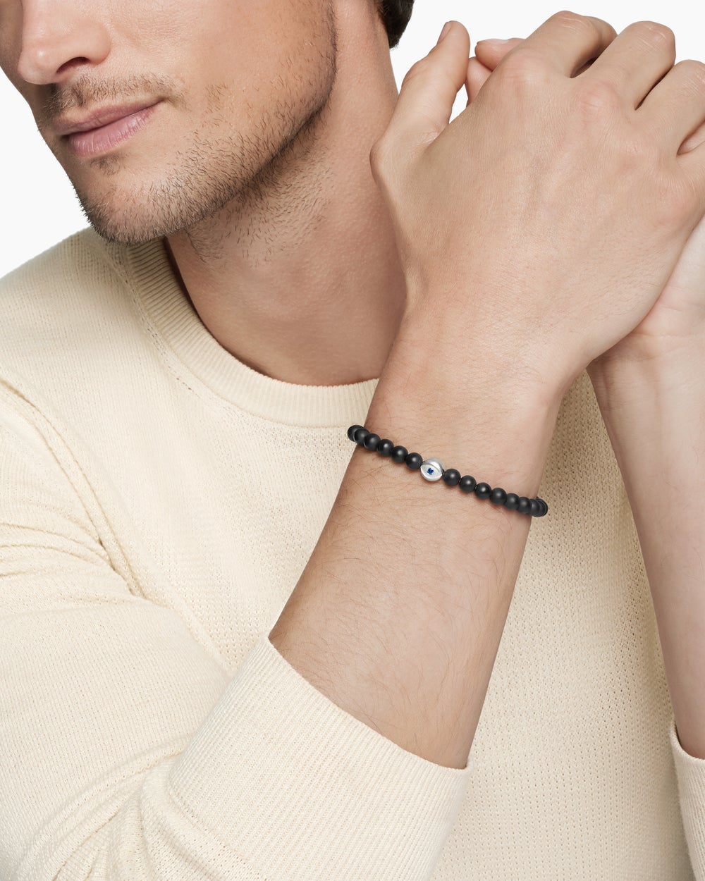 Mens Spiritual Beads Evil Eye Bracelet in Sterling Silver, 6mm
