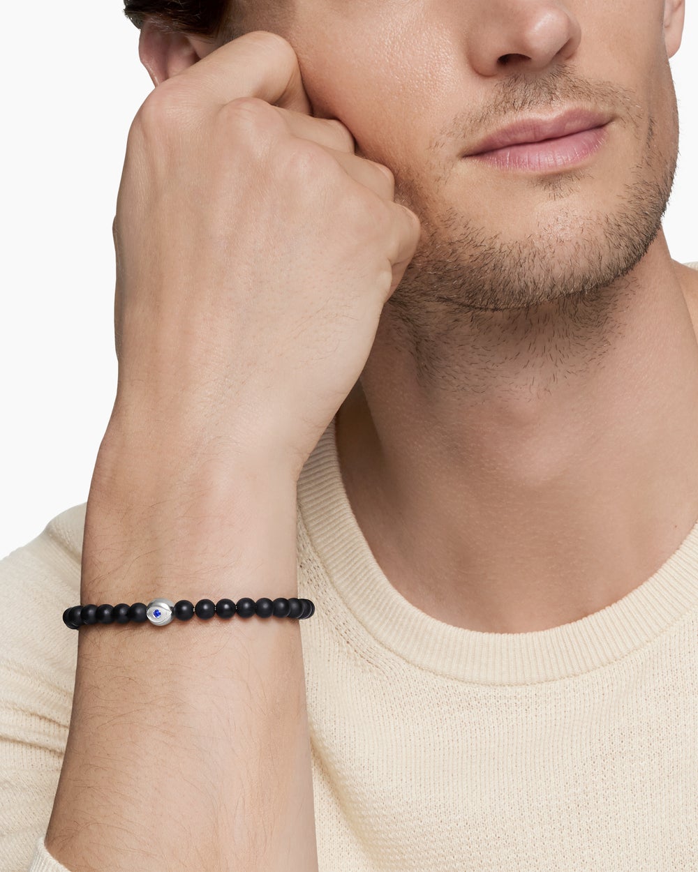 Mens Spiritual Beads Evil Eye Bracelet in Sterling Silver, 6mm