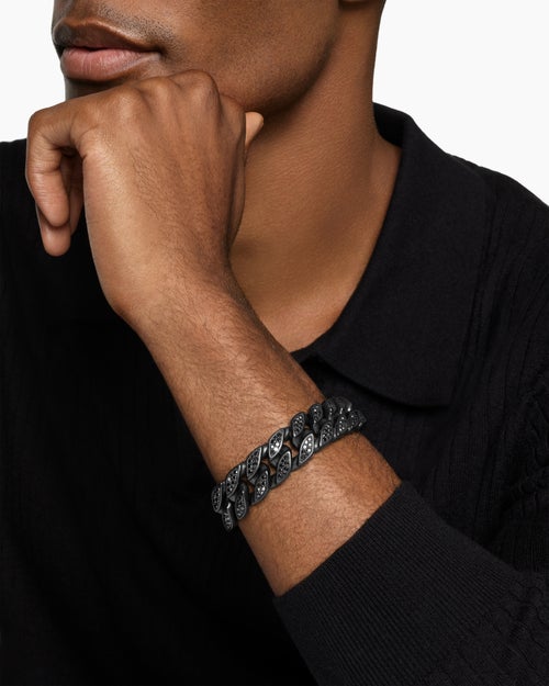 Mens Curb Chain Bracelet in Black Titanium with Black Diamonds, 18mm