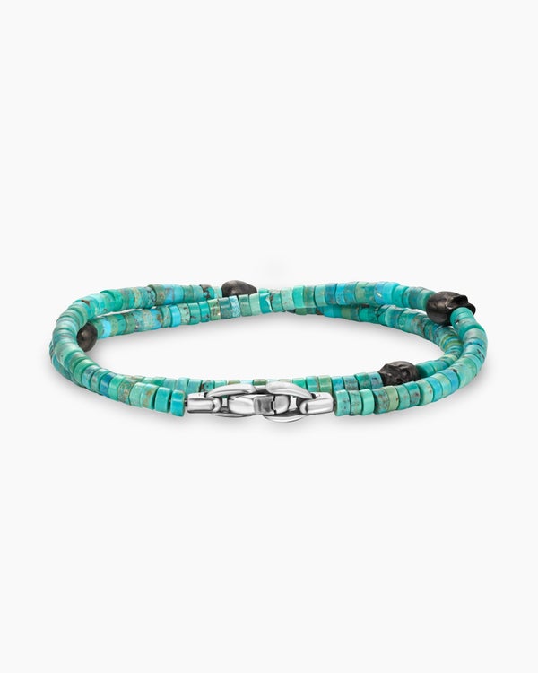 Memento Mori Skull Station Double Wrap Bracelet in Sterling Silver with Turquoise and Forged Carbon, 4mm