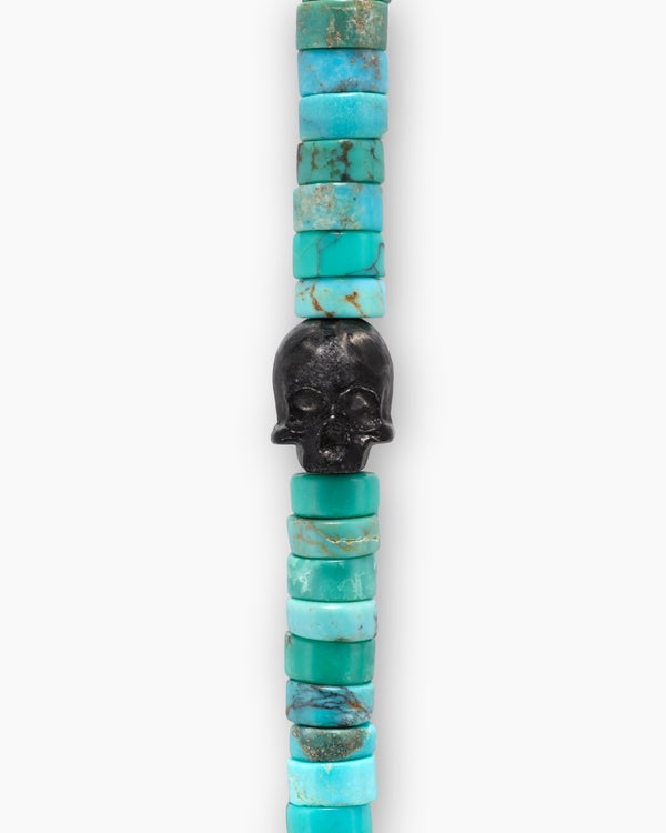 Memento Mori Skull Station Double Wrap Bracelet in Sterling Silver with Turquoise and Forged Carbon, 4mm