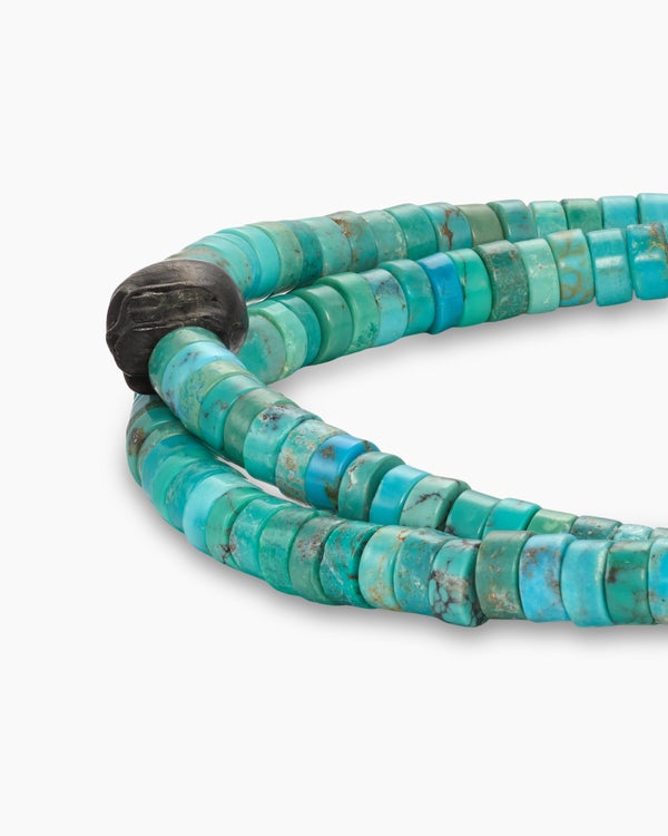 Memento Mori Skull Station Double Wrap Bracelet in Sterling Silver with Turquoise and Forged Carbon, 4mm