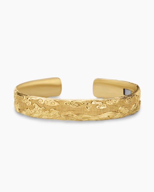 Mens Waves Cuff Bracelet in 18K Yellow Gold, 12mm