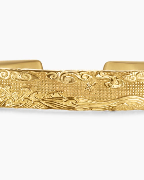 Mens Waves Cuff Bracelet in 18K Yellow Gold, 12mm