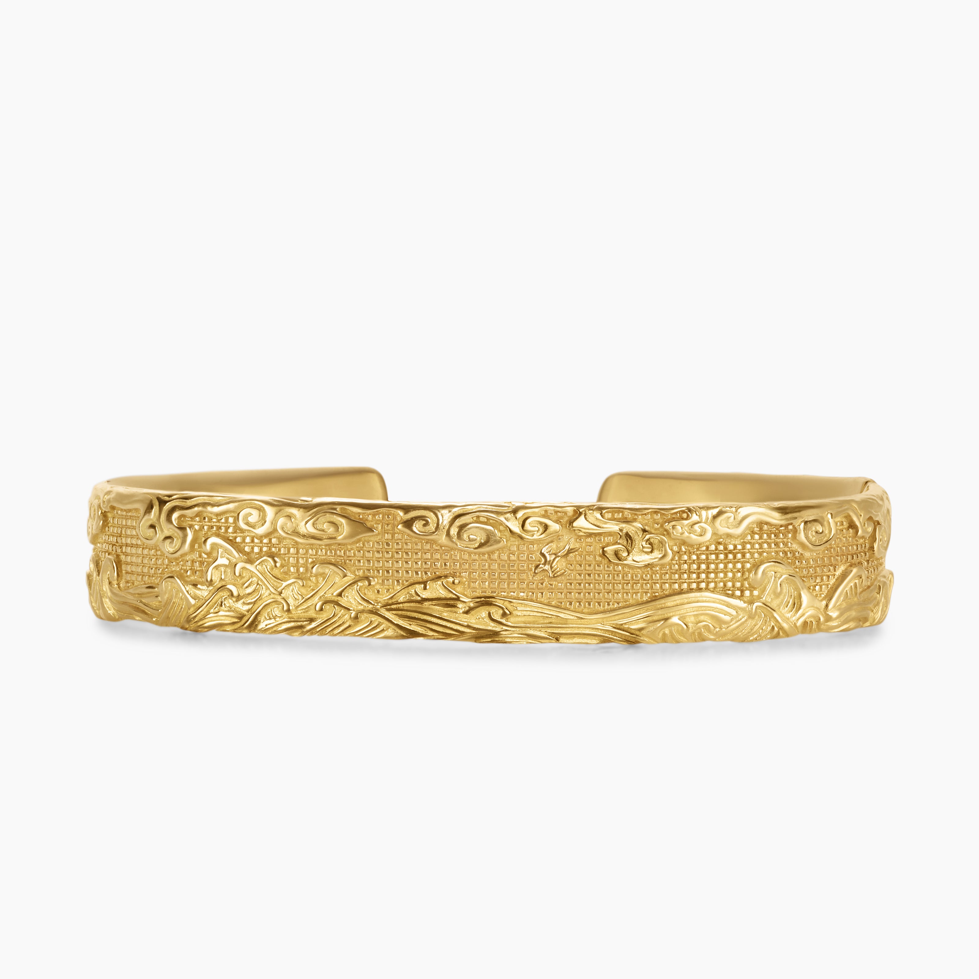 Mens Waves Cuff Bracelet in 18K Yellow Gold, 12mm