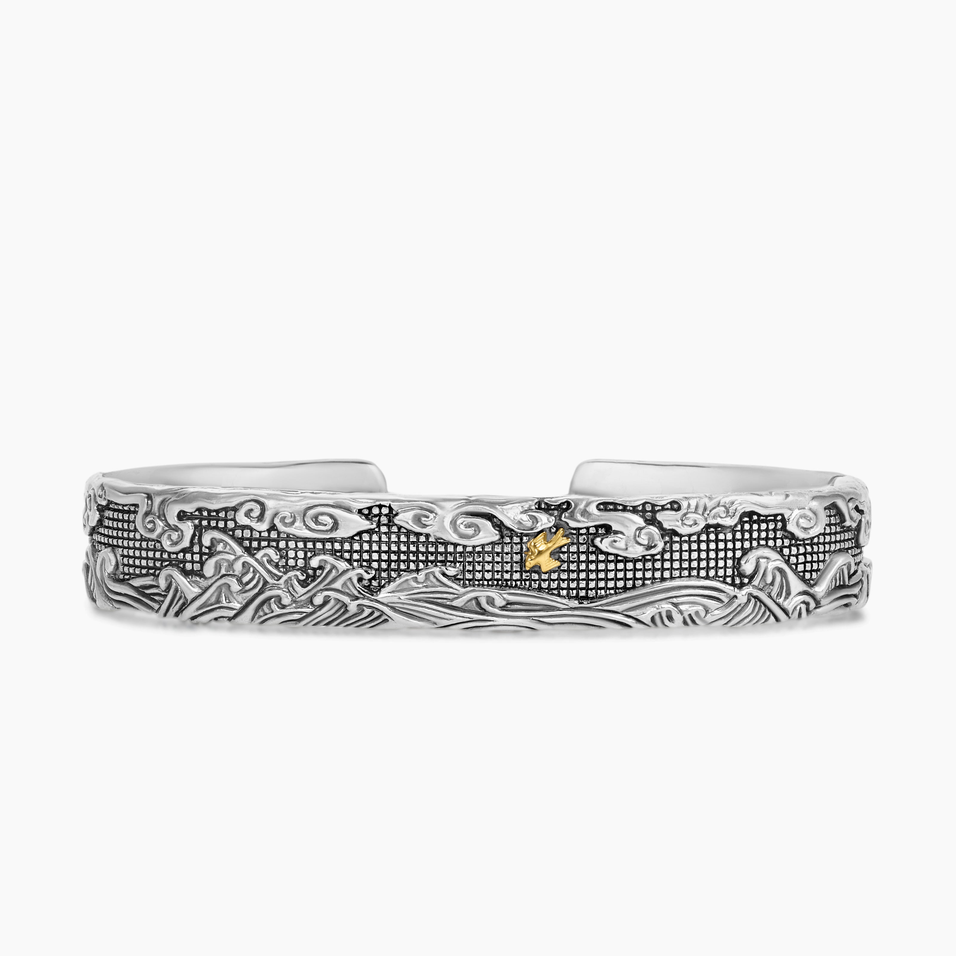 Mens Waves Cuff Bracelet in Sterling Silver with 18K Yellow Gold, 12mm