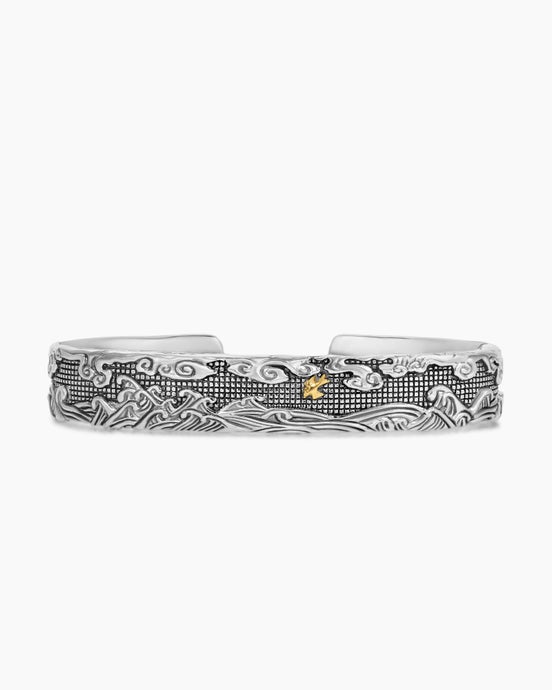 Waves Cuff Bracelet in Sterling Silver with 18K Yellow Gold, 12mm