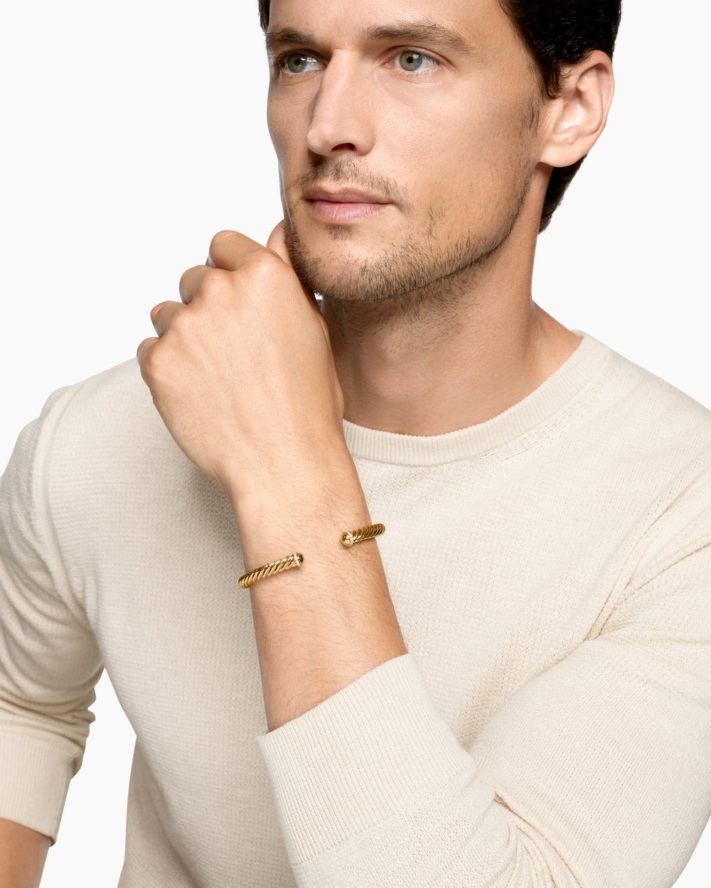 Mens Cable Cuff Bracelet in 18K Yellow Gold with Pavé, 6mm