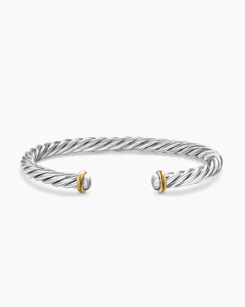 Mens Cable Cuff Bracelet in Sterling Silver with 14K Yellow Gold, 6mm