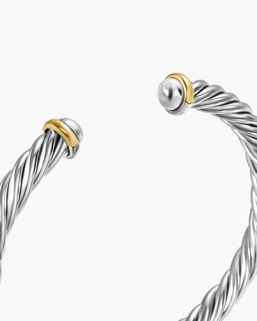 Mens Cable Cuff Bracelet in Sterling Silver with 14K Yellow Gold, 6mm