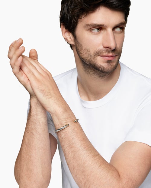 Mens Cable Cuff Bracelet in Sterling Silver with 14K Yellow Gold, 6mm