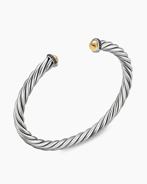 Mens Cable Cuff Bracelet in Sterling Silver with 14K Yellow Gold, 6mm