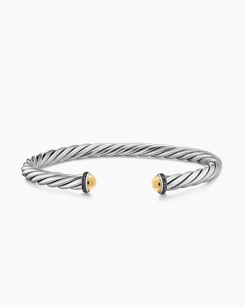 Mens Cable Cuff Bracelet in Sterling Silver with 14K Yellow Gold, 6mm