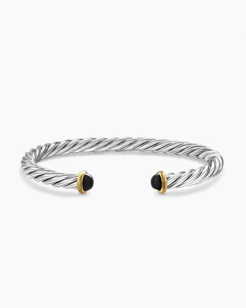 Mens Cable Cuff Bracelet in Sterling Silver with 14K Yellow Gold and Black Onyx, 6mm