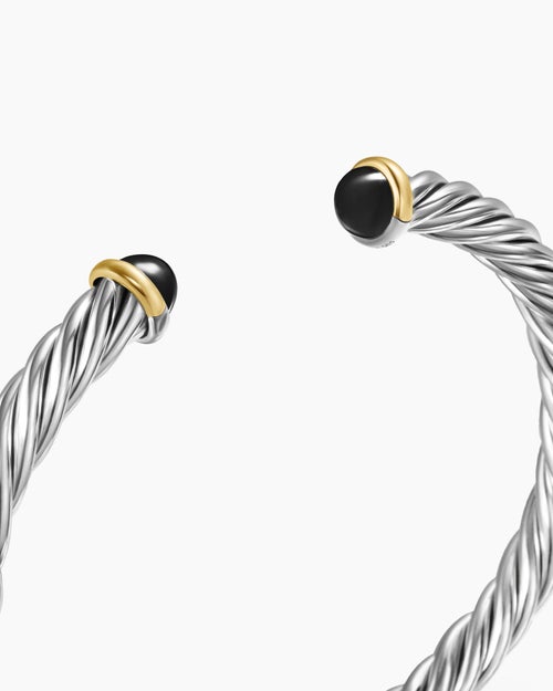 Mens Cable Cuff Bracelet in Sterling Silver with 14K Yellow Gold and Black Onyx, 6mm