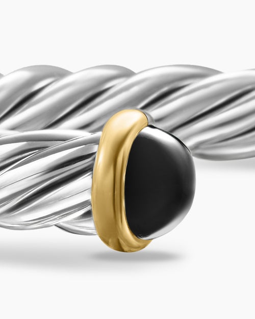 Mens Cable Cuff Bracelet in Sterling Silver with 14K Yellow Gold and Black Onyx, 6mm