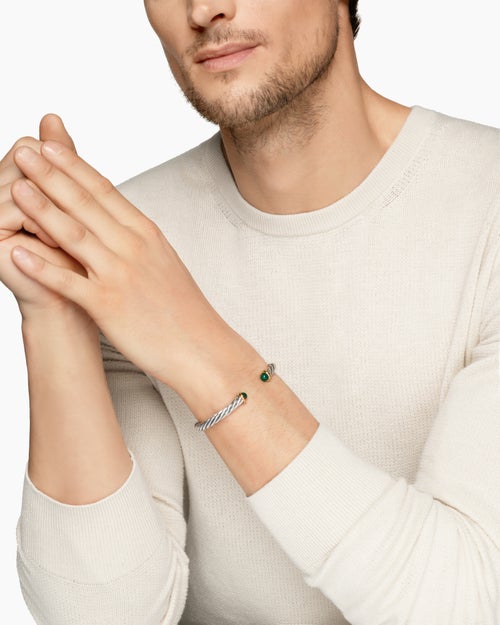 Mens Cable Cuff Bracelet in Sterling Silver with 14K Yellow Gold and Green Onyx, 6mm