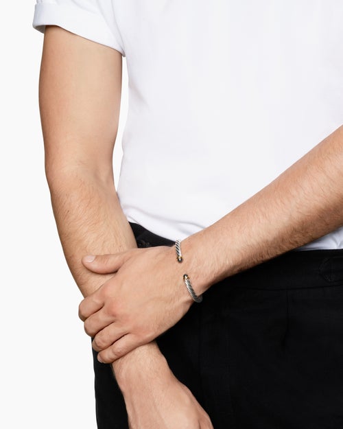 Mens Cable Cuff Bracelet in Sterling Silver with 14K Yellow Gold, 6mm