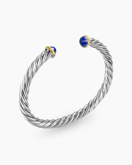 Mens Cable Cuff Bracelet in Sterling Silver with 14K Yellow Gold and Lapis, 6mm