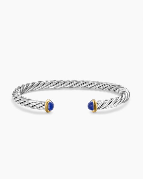 Mens Cable Cuff Bracelet in Sterling Silver with 14K Yellow Gold and Lapis, 6mm