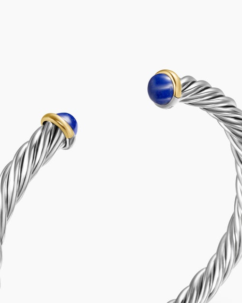Mens Cable Cuff Bracelet in Sterling Silver with 14K Yellow Gold and Lapis, 6mm