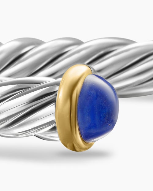 Mens Cable Cuff Bracelet in Sterling Silver with 14K Yellow Gold and Lapis, 6mm
