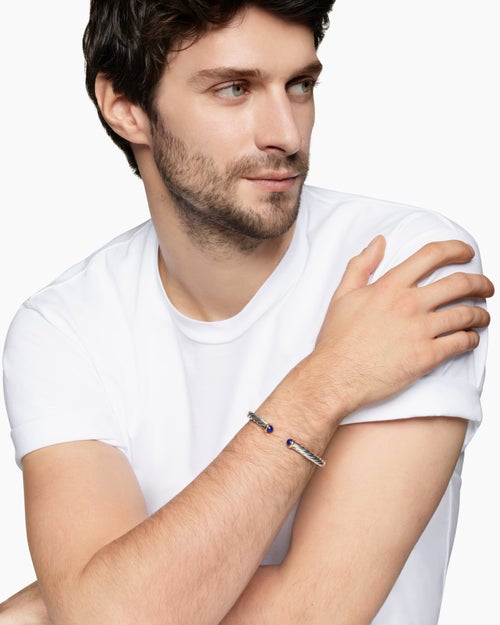 Mens Cable Cuff Bracelet in Sterling Silver with 14K Yellow Gold and Lapis, 6mm