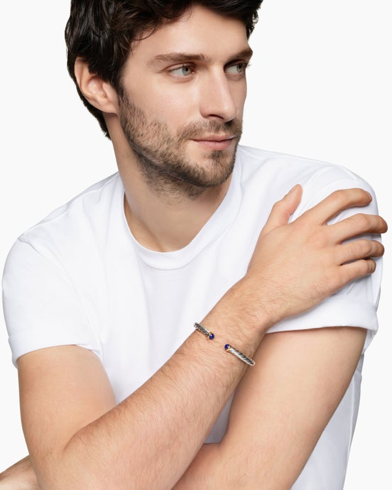 Cable Cuff Bracelet in Sterling Silver with 14K Yellow Gold and Lapis, 6mm