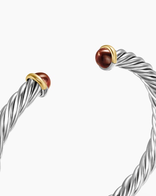 Mens Cable Cuff Bracelet in Sterling Silver with 14K Yellow Gold and Red Tiger's Eye, 6mm