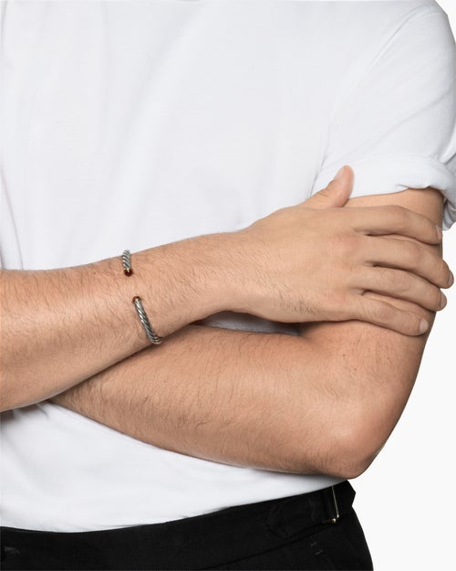 Mens Cable Cuff Bracelet in Sterling Silver with 14K Yellow Gold and Red Tiger's Eye, 6mm