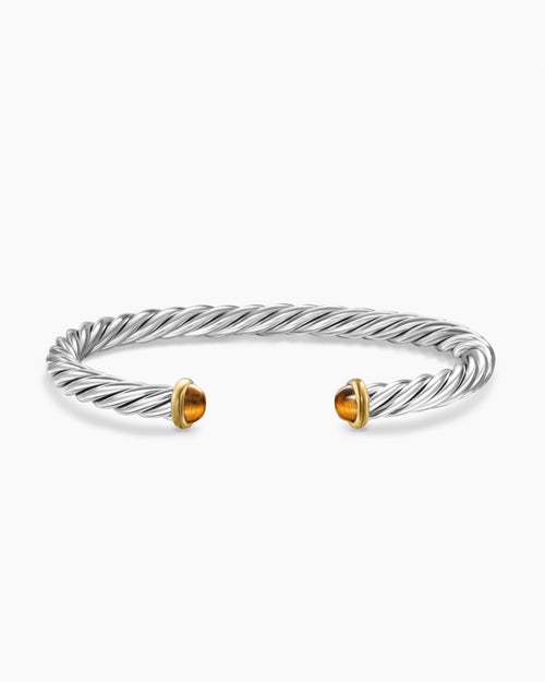 Mens Cable Cuff Bracelet in Sterling Silver with 14K Yellow Gold and Tiger's Eye, 6mm