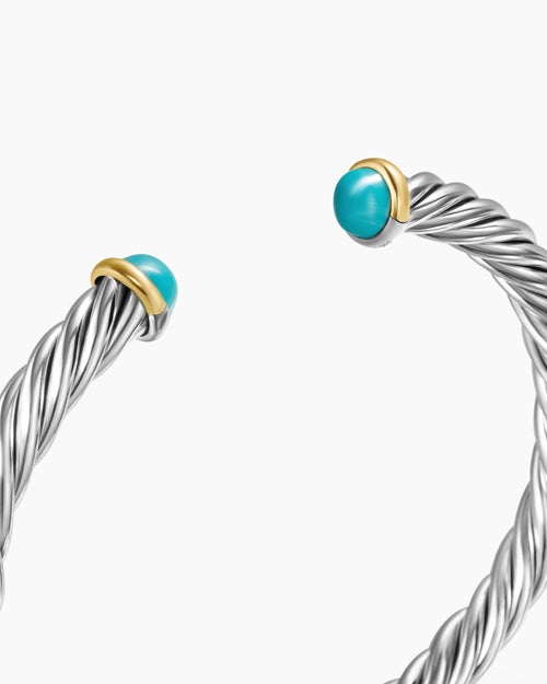 Mens Cable Cuff Bracelet in Sterling Silver with 14K Yellow Gold, 6mm