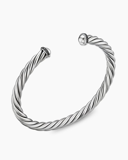Mens Cable Cuff Bracelet in Sterling Silver with Pavé Black Diamonds, 6mm