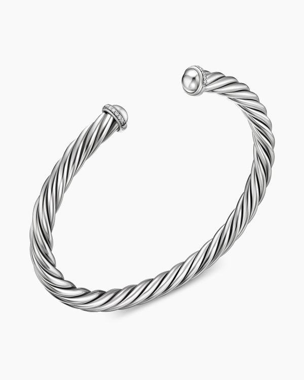 Cable Cuff Bracelet in Sterling Silver with Pavé Diamonds, 6mm