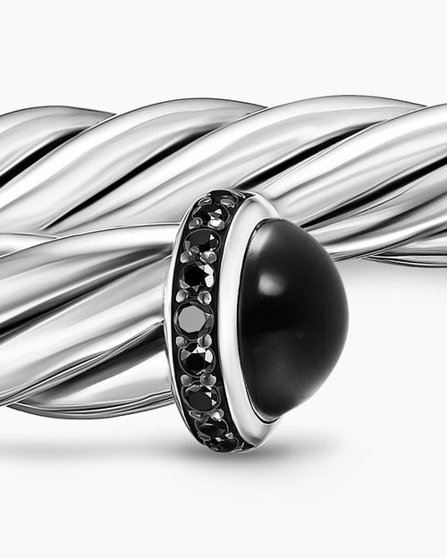 Mens Cable Cuff Bracelet in Sterling Silver with Black Onyx and Black Diamonds, 6mm