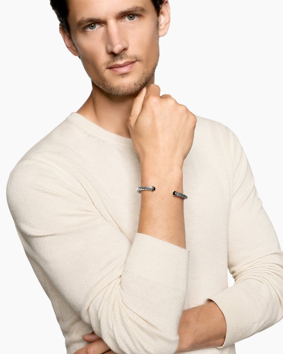 Bracelet-manchette Cable en argent sterling avec onyx noir et diamants noirs, 6 mm