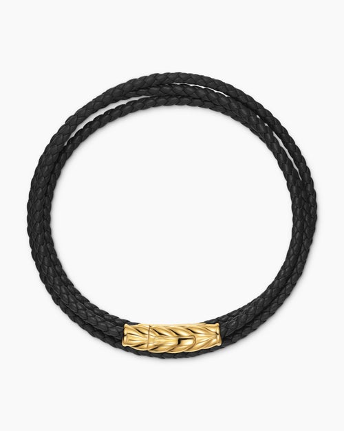 Mens Chevron Triple Wrap Bracelet in Black Leather with 18ct Yellow Gold, 3mm