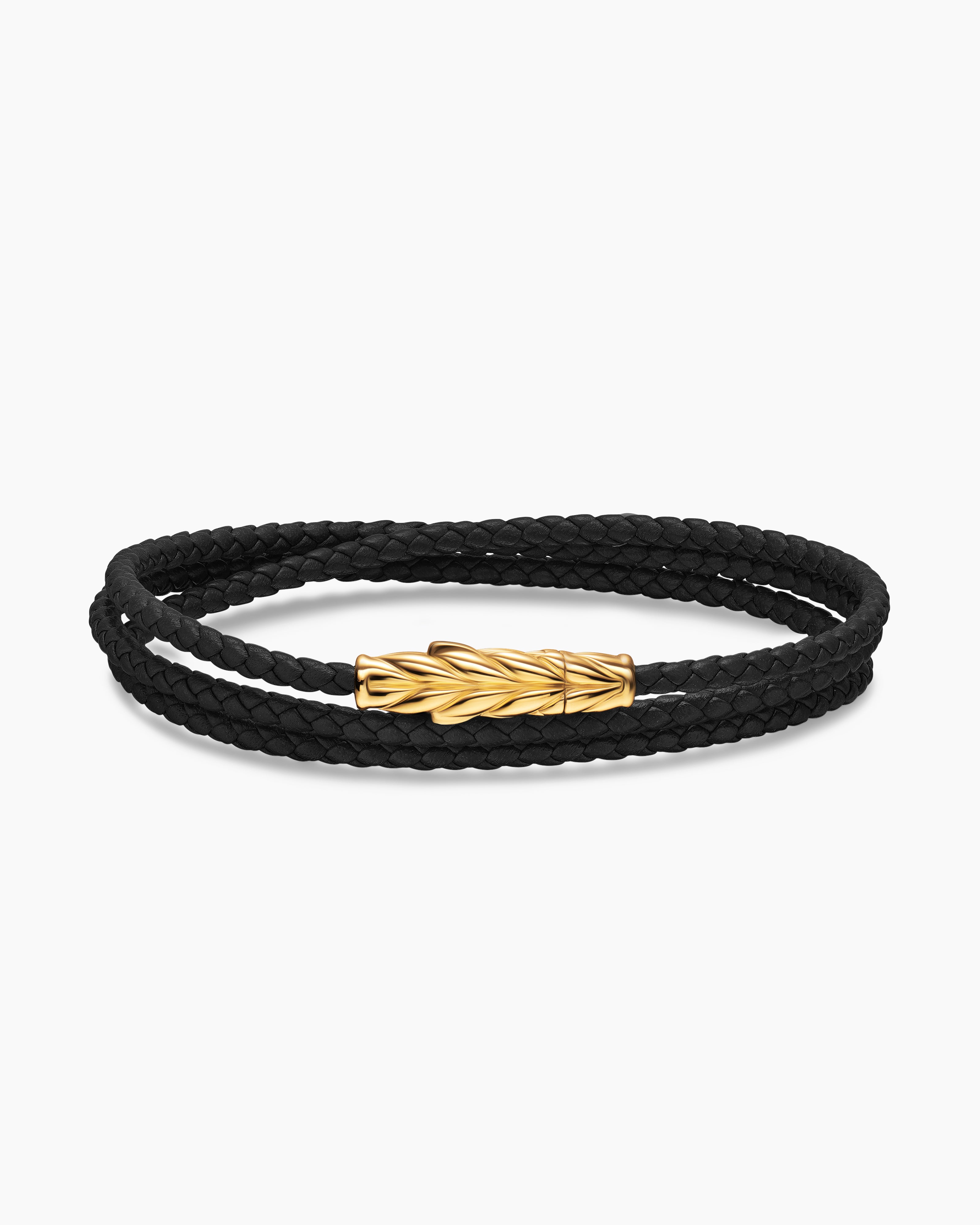 CHEVRON TRIPLE WRAP BRACELET Black Leather with 18K Yellow Gold, 3mm
