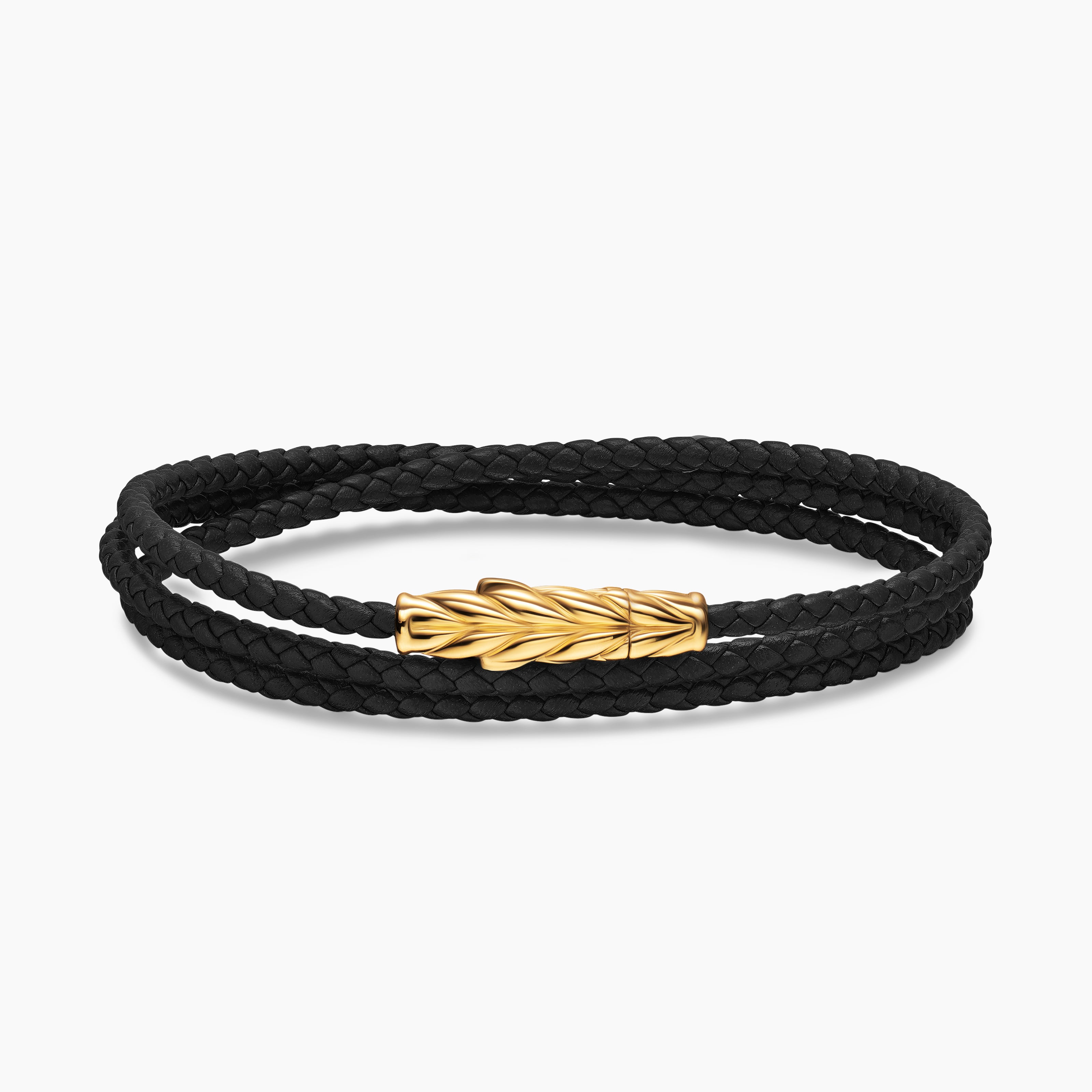 Mens Chevron Triple Wrap Leather Bracelet with 18K Yellow Gold, 3mm