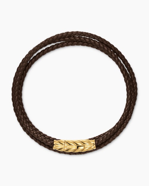 Mens Chevron Triple Wrap Bracelet in Brown Leather with 18ct Yellow Gold, 3mm
