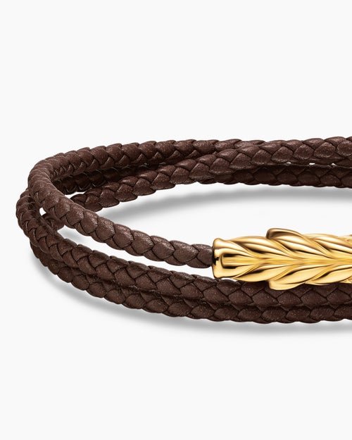 Mens Chevron Triple Wrap Bracelet in Brown Leather with 18ct Yellow Gold, 3mm