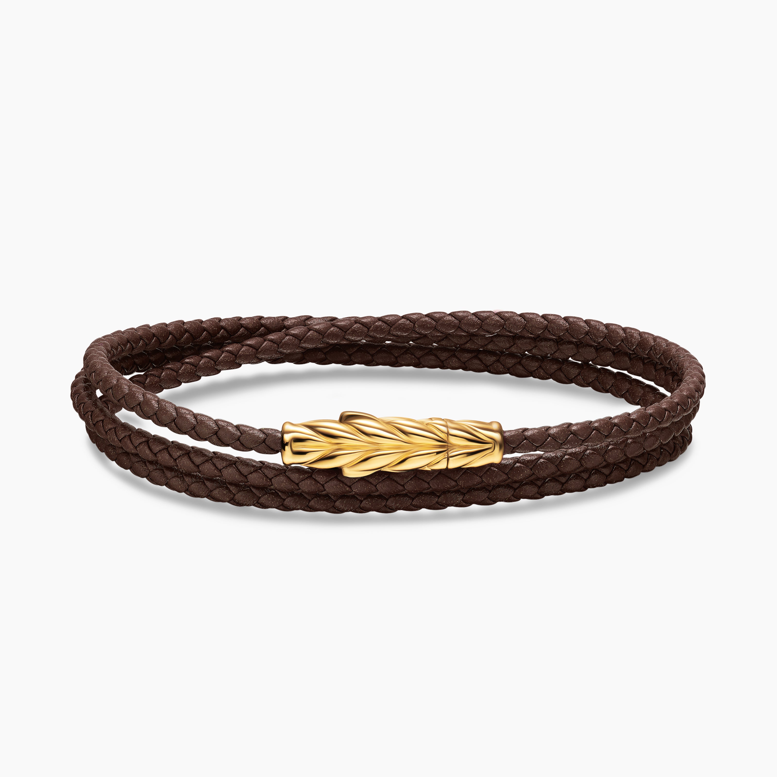 Mens Chevron Triple Wrap Leather Bracelet with 18K Yellow Gold, 3mm