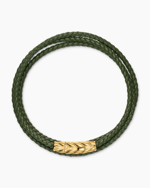 Mens Chevron Triple Wrap Bracelet in Green Leather with 18ct Yellow Gold, 3mm