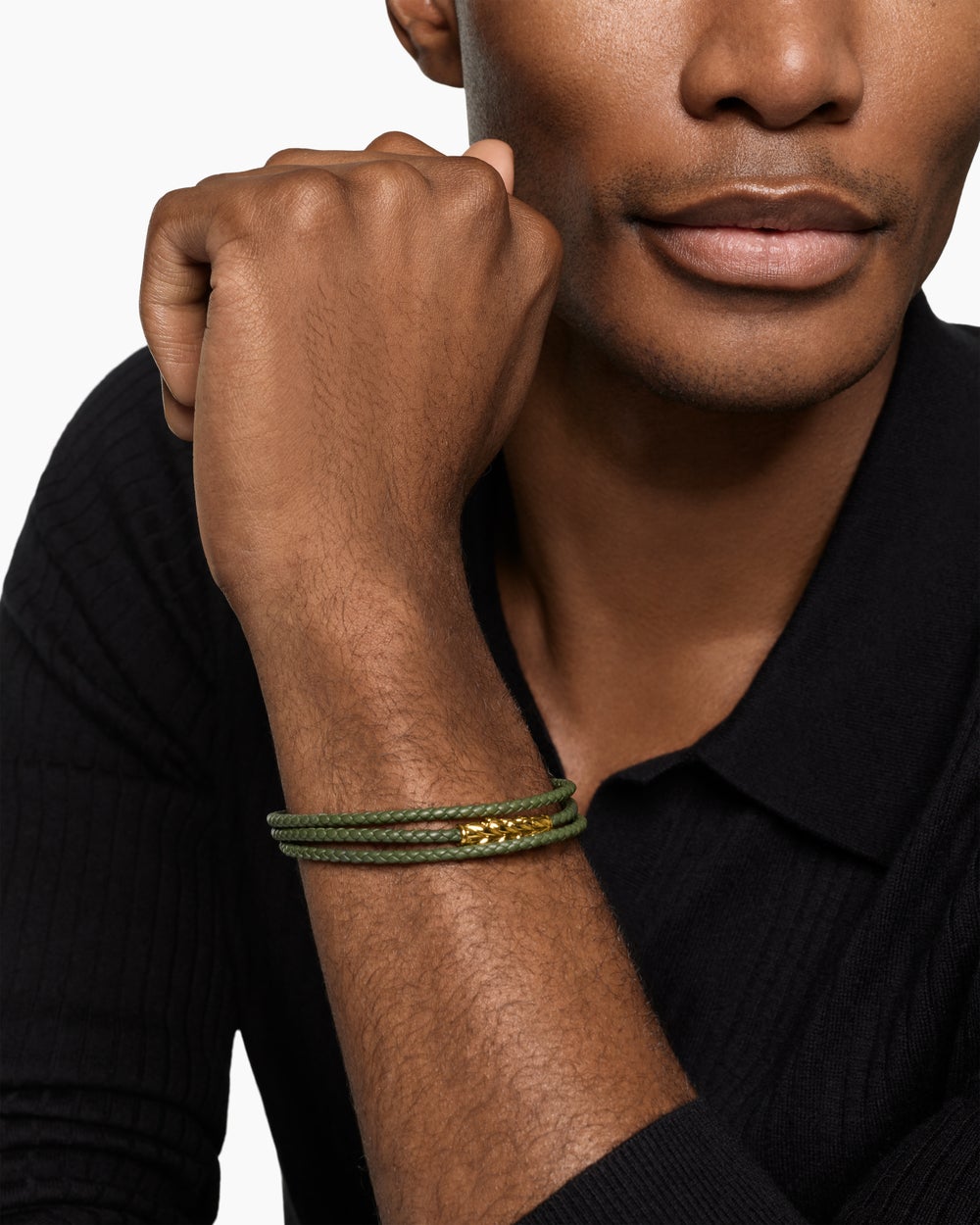 Mens Chevron Triple Wrap Bracelet in Green Leather with 18K Yellow Gold, 3mm