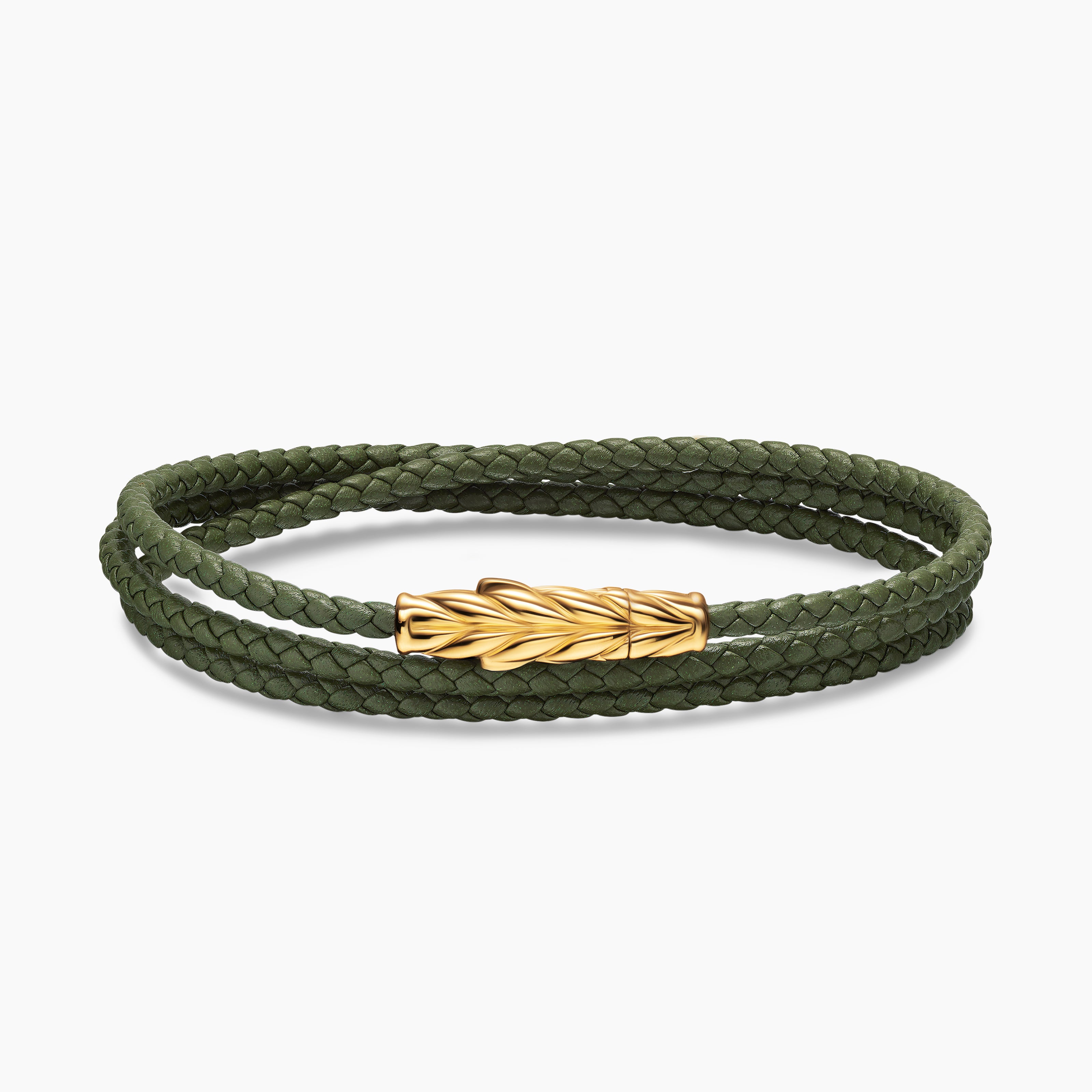 Mens Chevron Triple Wrap Leather Bracelet with 18K Yellow Gold, 3mm