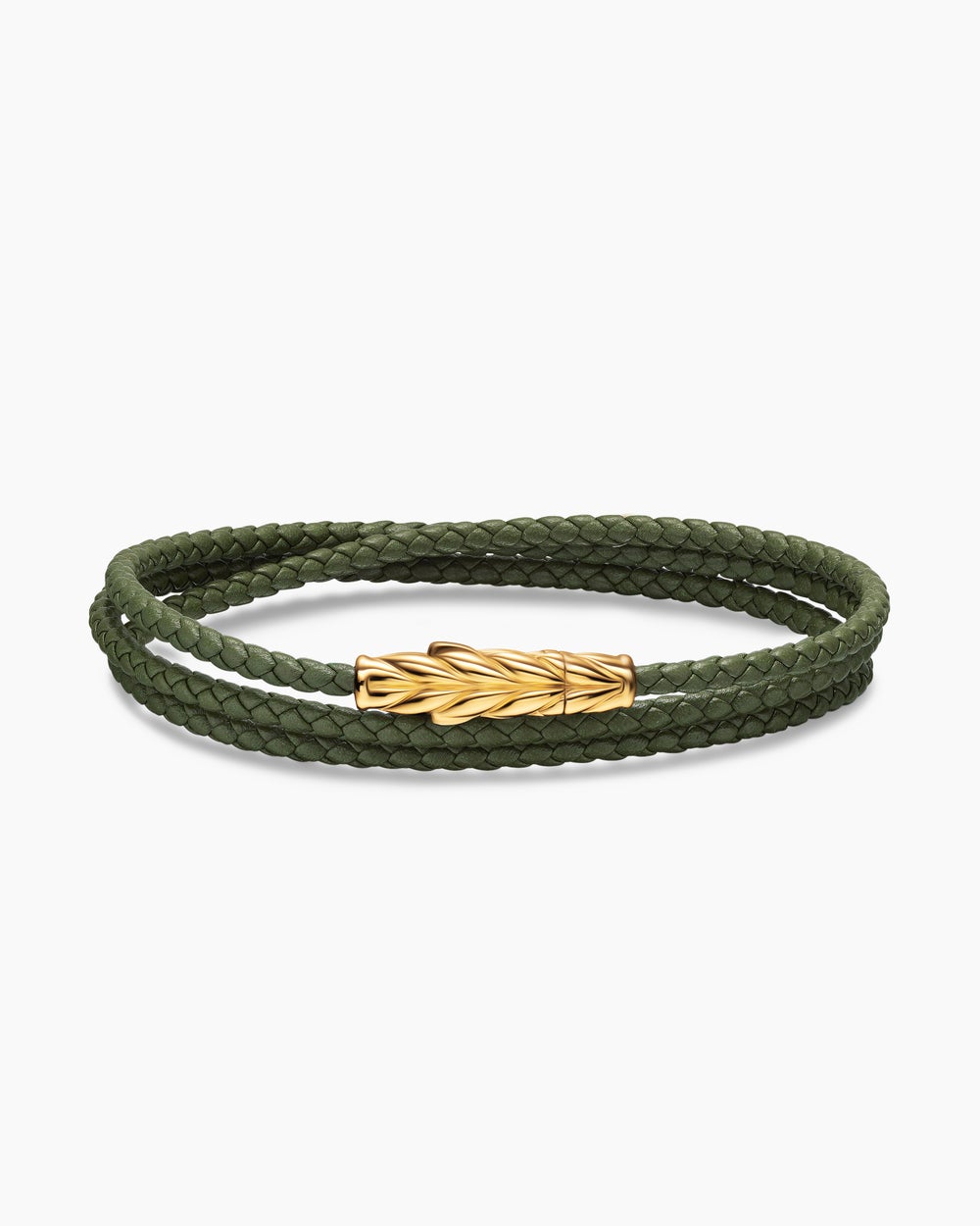 Mens Chevron Triple Wrap Bracelet in Green Leather with 18K Yellow Gold, 3mm