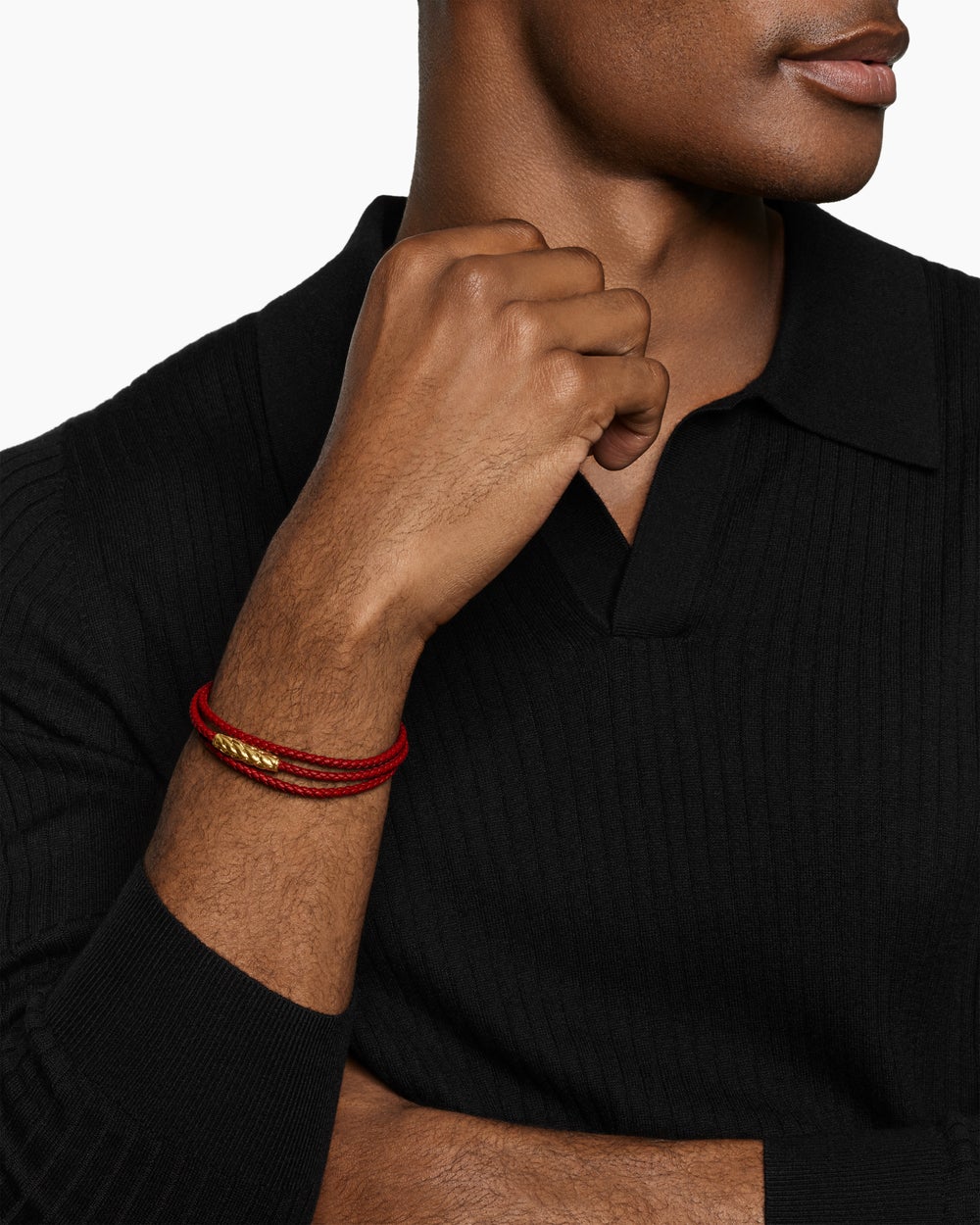 Mens Chevron Triple Wrap Bracelet in Red Leather with 18K Yellow Gold, 3mm