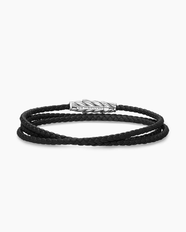 Bracelet trois tours Chevron en cuir noir avec argent sterling, 3 mm