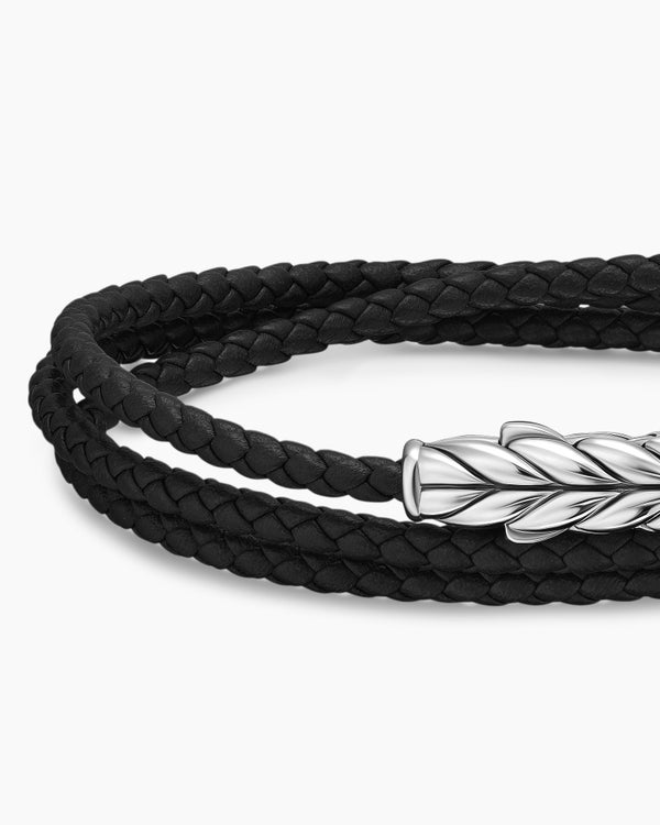 Bracelet trois tours Chevron en cuir noir avec argent sterling, 3 mm