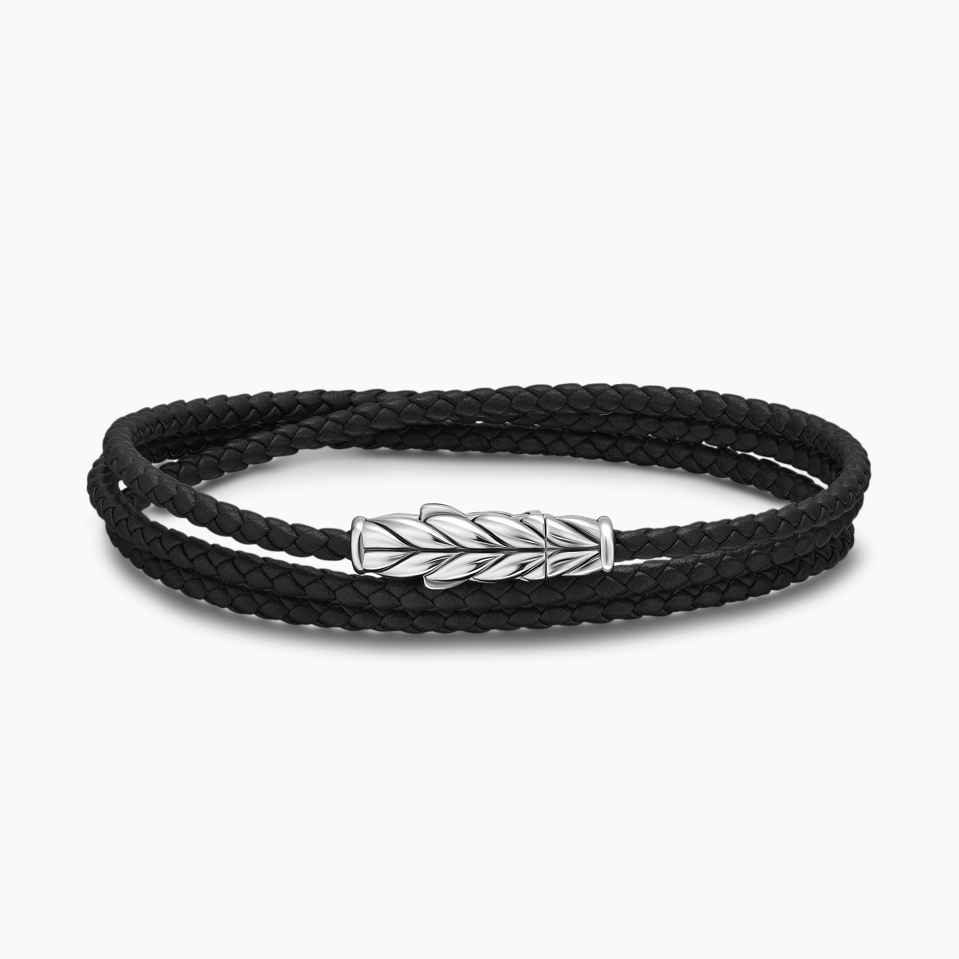 Bracelet cuir Chevron &agrave; trois tours avec argent massif, 3 mm homme 